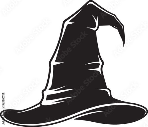 Black witch hat, Halloween costume accessory, vector illustration, magic symbol