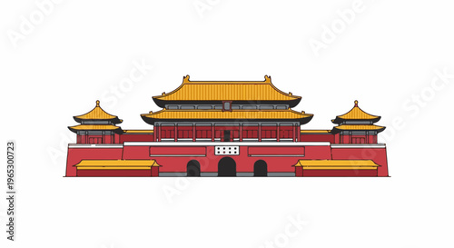 Stylized illustration of a grand, traditional palace gate with red walls and yellow roofs