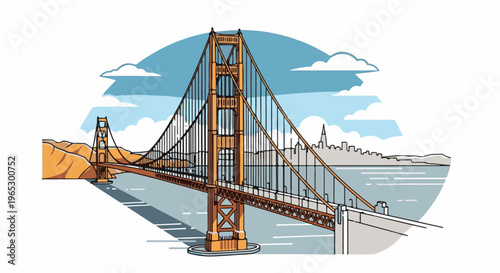 Stylized illustration of a large orange suspension bridge over blue water with hills and city skyline