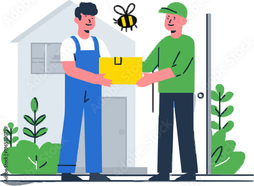 A cheerful courier in blue overalls hands over a yellow parcel box to a smiling customer outside their home, with lush greenery surrounding them