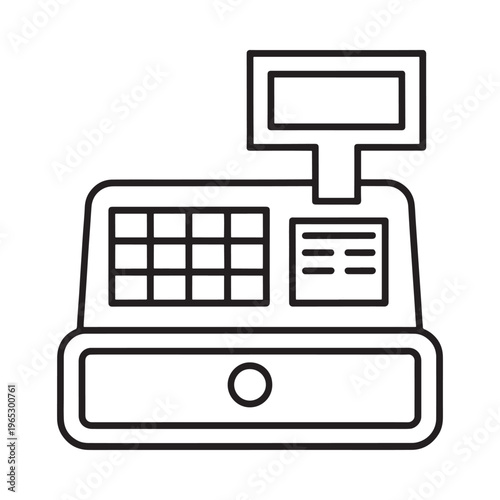 Simple line drawing depicting a classic traditional cash register with display