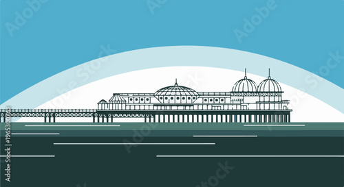 Stylized illustration of a grand pier with domes and arches over water
