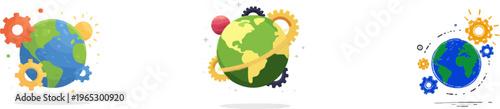 A meticulously crafted 2D vector illustration showcases a complex clockwork planet with visible continents, gears, and a small moon orbiting, all rendered 