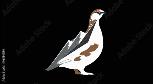 Stylized bird with mountain design on wings, white and brown