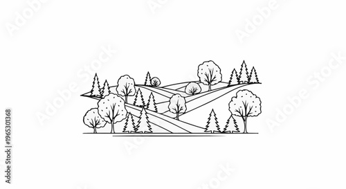 Stylized black and white drawing of rolling hills with various trees