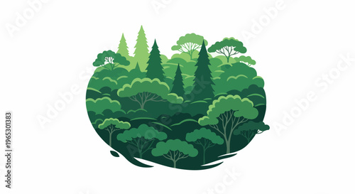 Stylized circular forest with varied green trees and layered foliage
