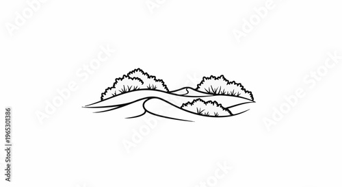 Stylized black and white drawing of rolling hills with bushy foliage