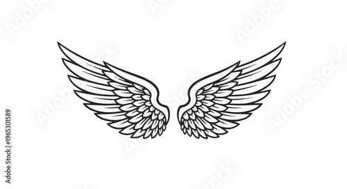 Stylized black and white line drawing of a pair of outstretched feathered wings