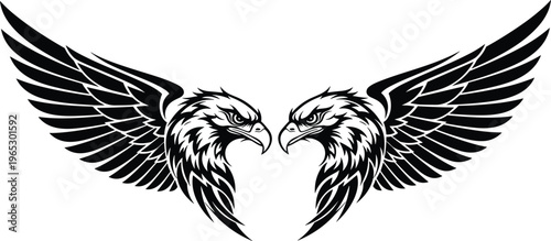 Symmetrical eagle wings illustration in black and white, fierce twin bird heads, tribal tattoo style, powerful wildlife emblem, decorative graphic artwork