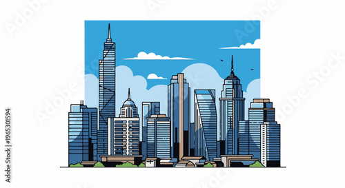Stylized city skyline with varied modern skyscrapers under a cloudy blue sky