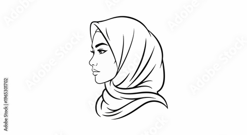 Stylized black and white outline portrait of a woman wearing a hijab