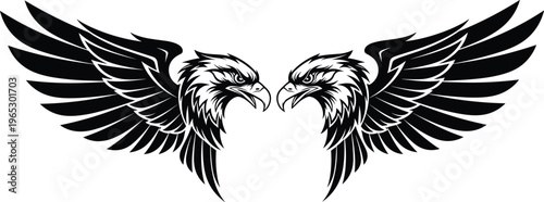 Twin eagle wings illustration in black and white, symmetrical fierce bird heads, tribal tattoo style, powerful wildlife emblem, decorative graphic design