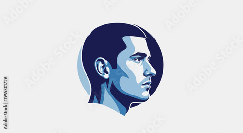Stylized blue portrait of a young man's head in profile, set against a white background