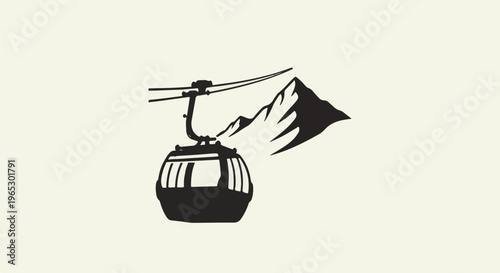 Stylized black ski lift gondola ascends a snowy mountain peak against a cream background