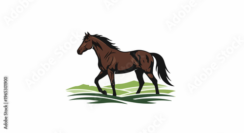 Stylized brown horse with flowing mane and tail walks on green grass