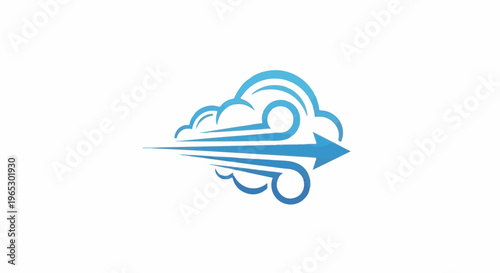 Stylized blue arrow and cloud graphic depicting wind movement