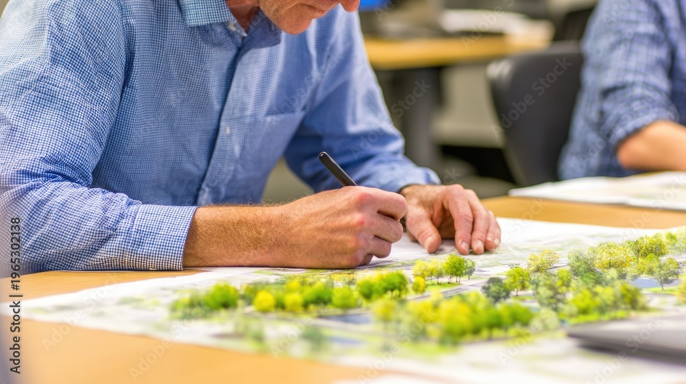 Obraz premium Person sketching on plans with trees in focus, captured indoors with a blurred background