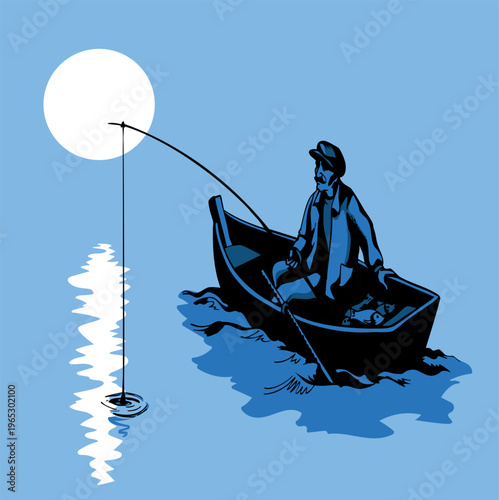 Vector drawing. Fisherman in the boat