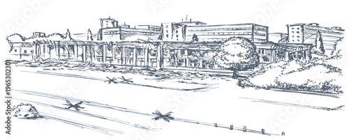 Vector illustration of a building destroyed by an explosion.