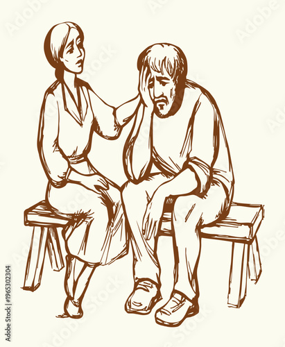 Vector drawing. Girl and sad man