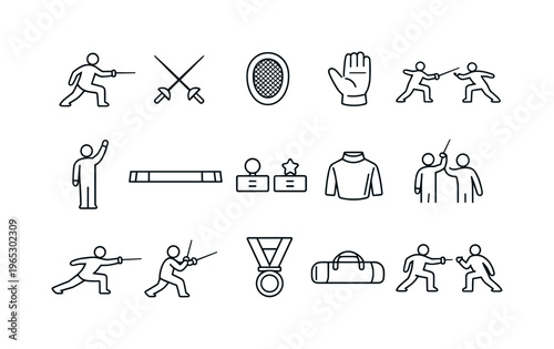 Minimal line icon set of fencing sport elements with duelists, crossed swords, mask, glove, referee, piste, medal, bag, and jacket