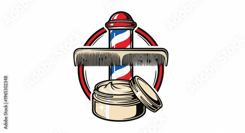 Stylized barber pole, comb, and hair product jar with a circular frame