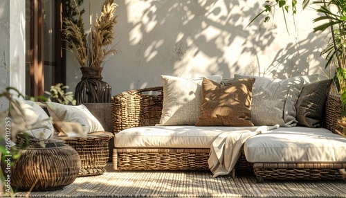 Woven Outdoor Furniture Set with Textured Cushions and Dried Grass Decor Bathed in Sunlight