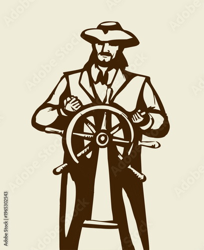 Vector drawing. The captain at the helm