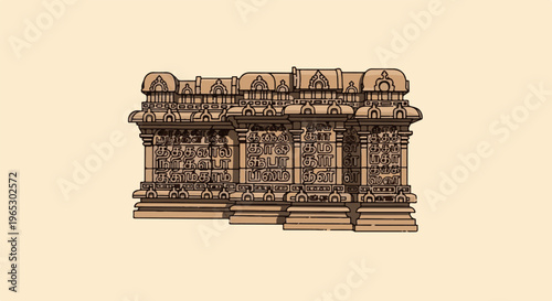 Stylized depiction of a stone temple facade with intricate carvings and inscriptions