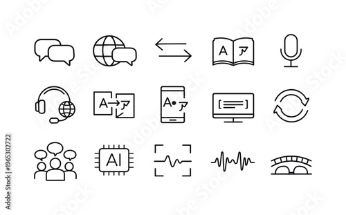 Minimal line icon set illustrating translation, multilingual communication, voice input, artificial intelligence processing, and audio waveform symbols