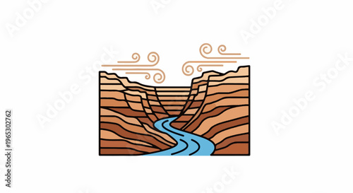 Stylized depiction of a winding river carving through a layered canyon under windy skies