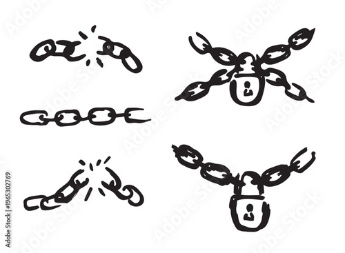Hand drawn vector set of chains and padlocks in sketch style. Minimalist line art with broken and solid metal links. Conceptual illustration for security, freedom and restrictions.