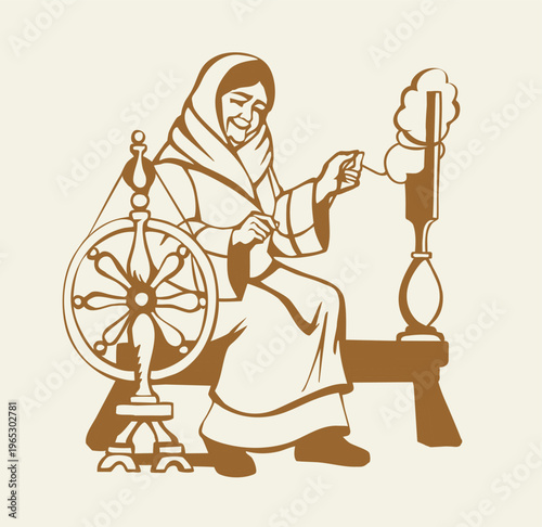 Vector drawing. Grandmother with a Spindle