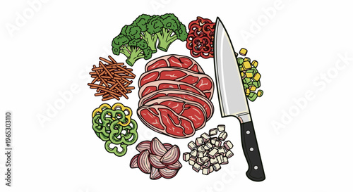 Sliced raw meat, vegetables, and a chef's knife arranged in a circle