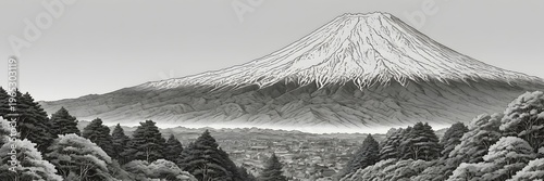 Snow-Covered Mountain Landscape with Forest in Black and White Artistic Style