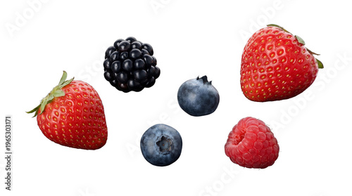 Vibrant assortment of fresh summer berries, including strawberries, blueberries, raspberry, and blackberry.