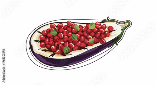 Sliced eggplant topped with red berries and greens