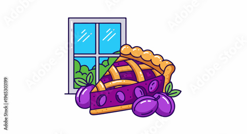 Slice of fruit pie with plums by window, green foliage backdrop