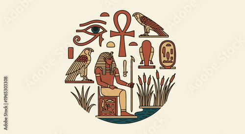 Stylized ancient Egyptian scene with pharaoh, eye, ankh, birds, and reeds