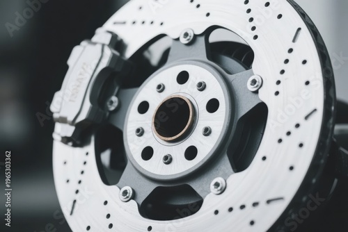 Close-up view of a vehicle brake disc and caliper assembly with drilled rotor surface