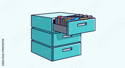 Stacked turquoise filing cabinet with colorful folders in an open drawer