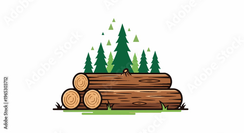 Stacked wood logs in a forest clearing with pine trees