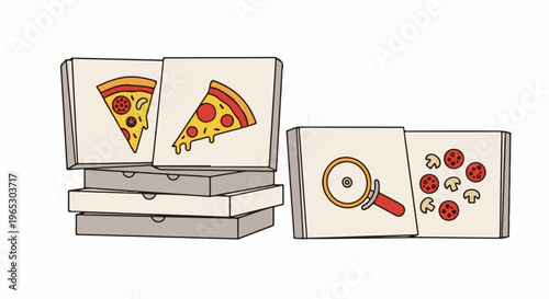 Stacks of pizza boxes with slices, toppings, and a pizza cutter