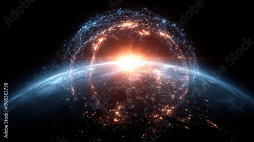 Futuristic sunrise over Earth with glowing global network connections forming a digital sphere in space.
