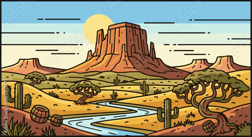 Stylized desert landscape with a massive mesa, sparse trees, and a winding river
