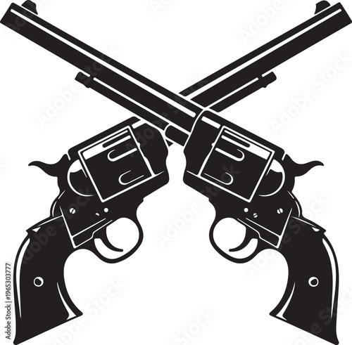 Crossed revolver pistols, black guns, weapon icons, vector firearms, crossed weapons