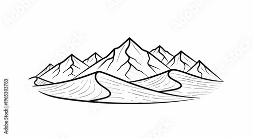Stylized drawing of mountains and rolling sand dunes
