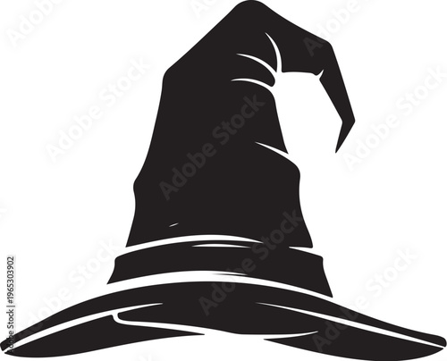 Black witch hat, magic hat icon, wizard hat silhouette, Halloween hat vector