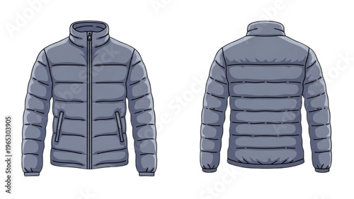 Vector design of a blue puffy jacket in CAD style from front and back
