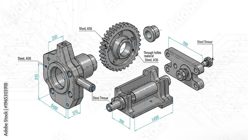 Vector CAD design style illustration of mechanical parts and gear